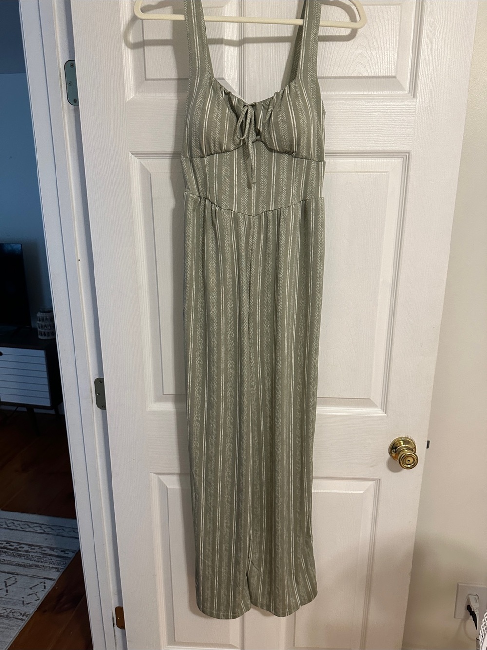 Derek Heart Sage Green Striped Tie-Front Jumpsuit